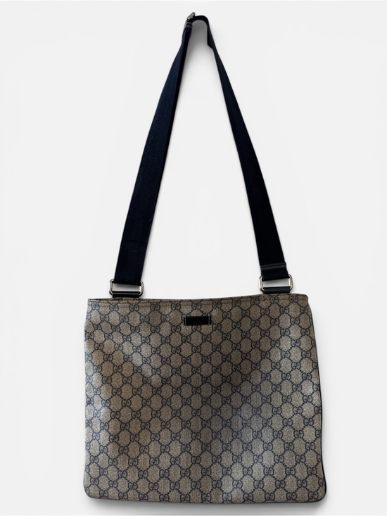 Gucci Handbags - Gucci grey and navy GG Monogram Canvas Crossbody Bag with Navy Strap